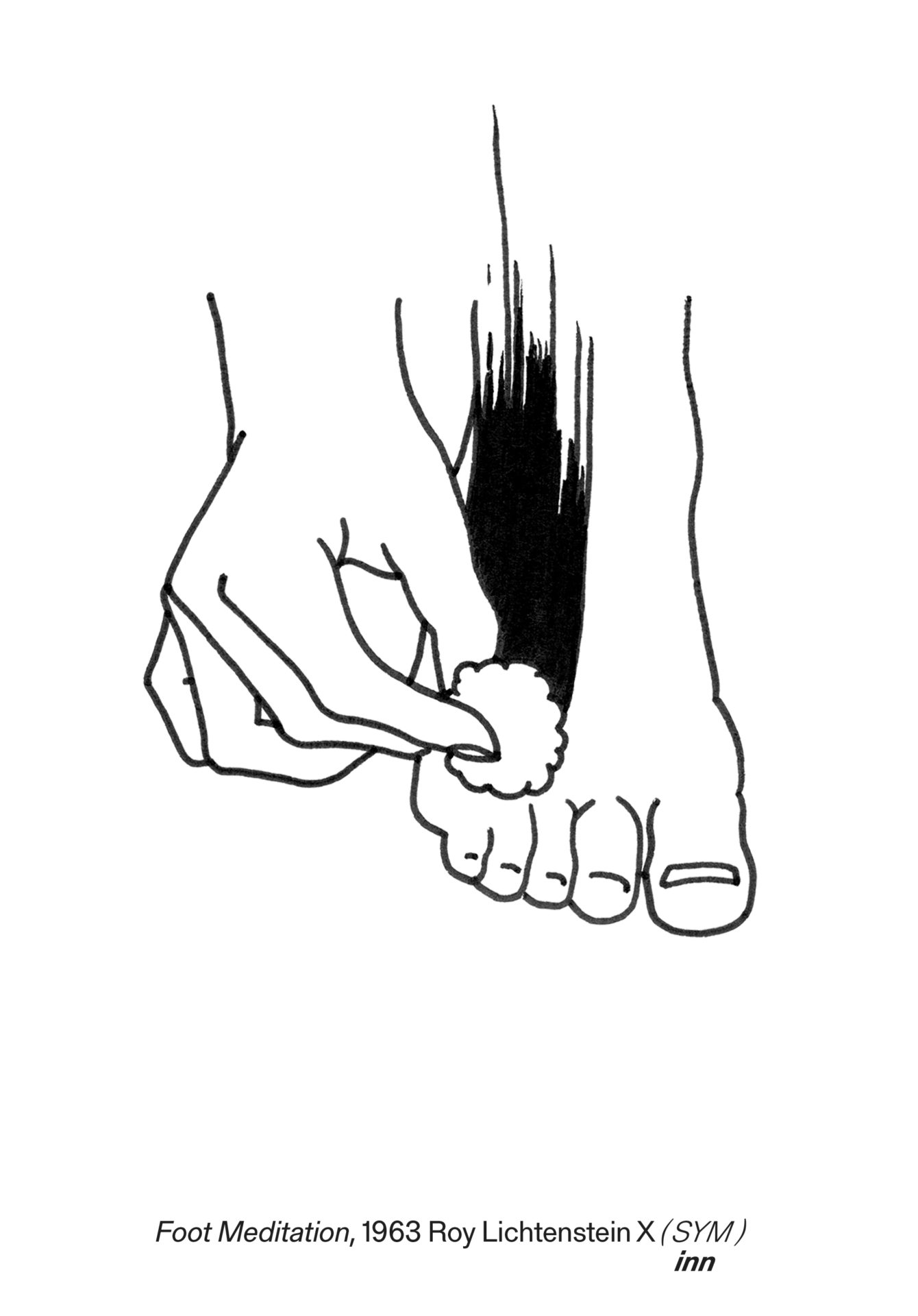 line drawing by Carl June of a hand holding a cotton bud over a foot with a black ink trace. Title: Foot Meditation, 1963 Roy Lichtenstein X ( SYM ) inn