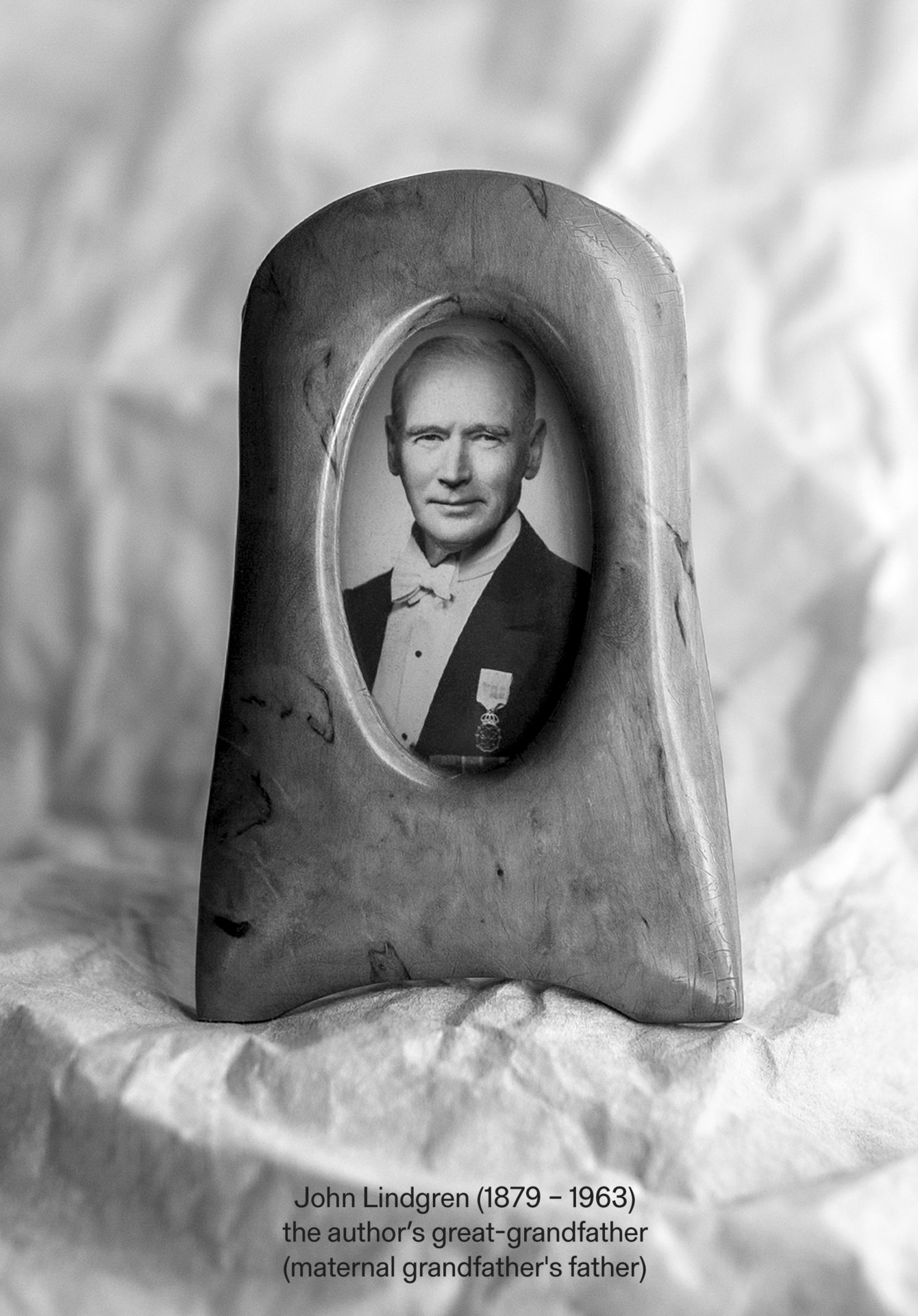 portrait of Carl June's great-grandfather (maternal grandfather's father) John Lindgren (1879 - 1963) In White Tie With Decorations, n.d. Stockholm. b/w photograph in a linden wood frame